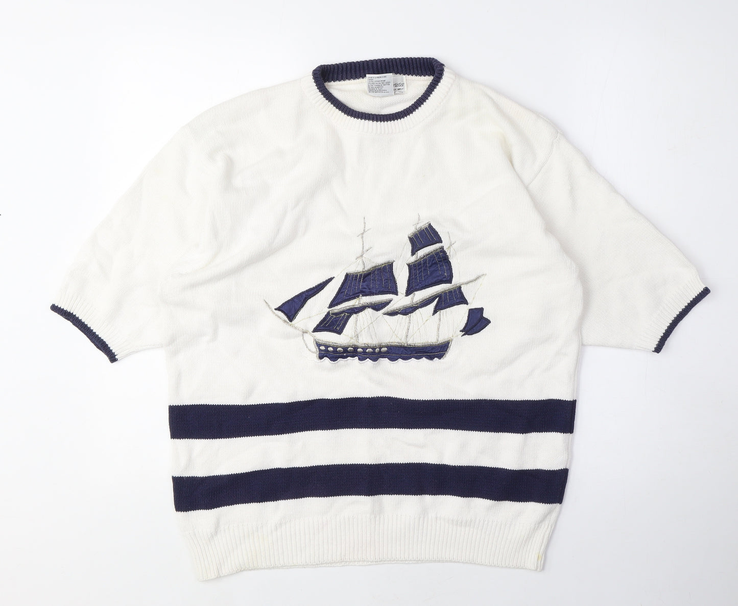 Commedeux Artistes Womens White Crew Neck Cotton Pullover Jumper Size M - Boat, Vintage