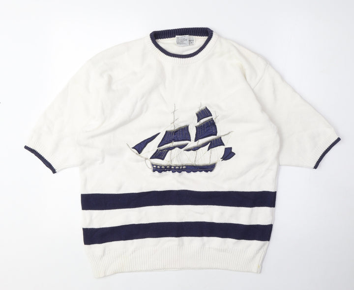 Commedeux Artistes Womens White Crew Neck Cotton Pullover Jumper Size M - Boat, Vintage