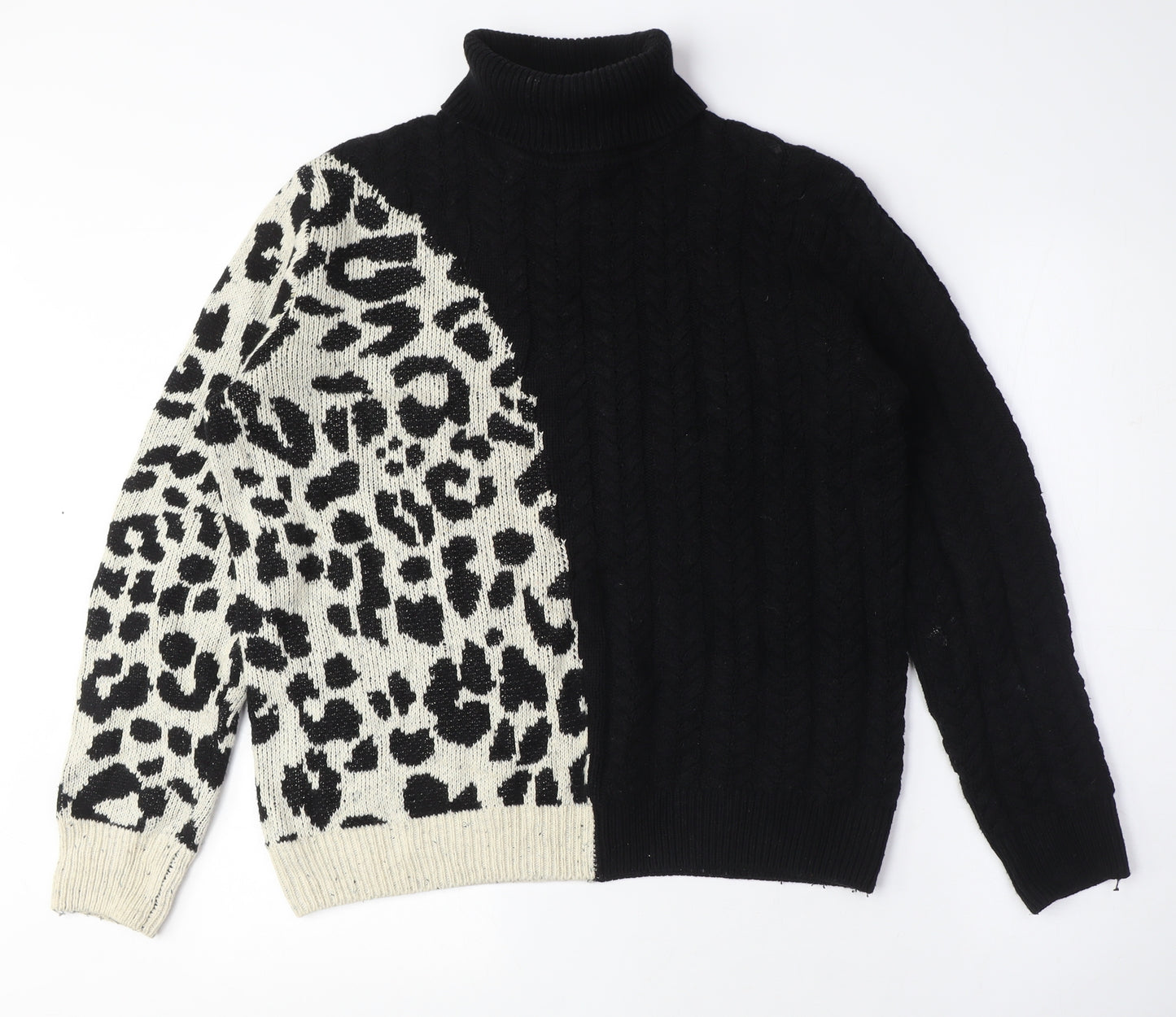 Desigual Womens Black Roll Neck Animal Print Cotton Pullover Jumper Size L - Leopard Print