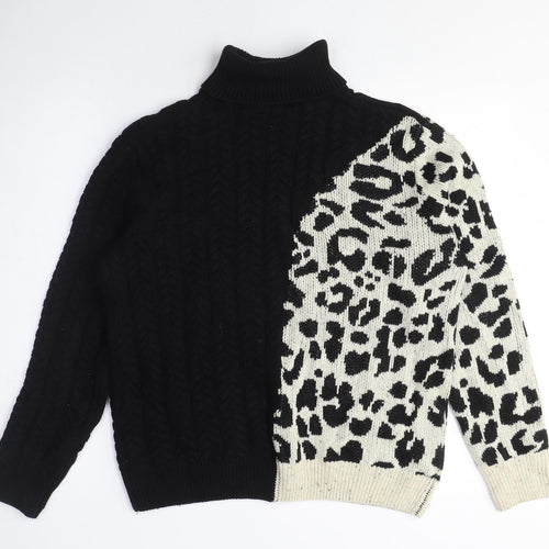 Desigual Womens Black Roll Neck Animal Print Cotton Pullover Jumper Size L - Leopard Print