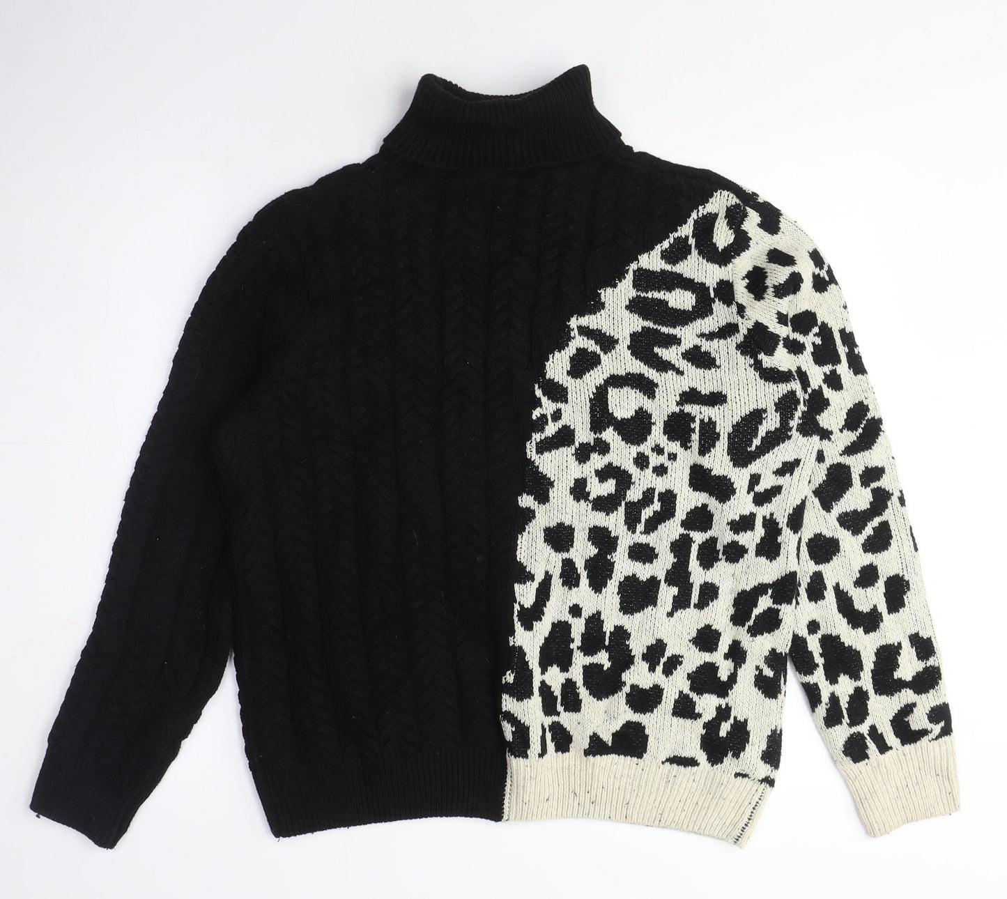 Desigual Womens Black Roll Neck Animal Print Cotton Pullover Jumper Size L - Leopard Print