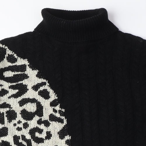 Desigual Womens Black Roll Neck Animal Print Cotton Pullover Jumper Size L - Leopard Print