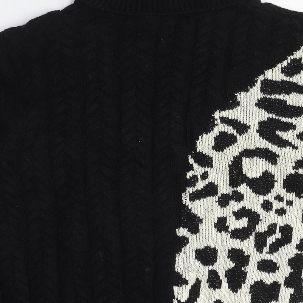 Desigual Womens Black Roll Neck Animal Print Cotton Pullover Jumper Size L - Leopard Print