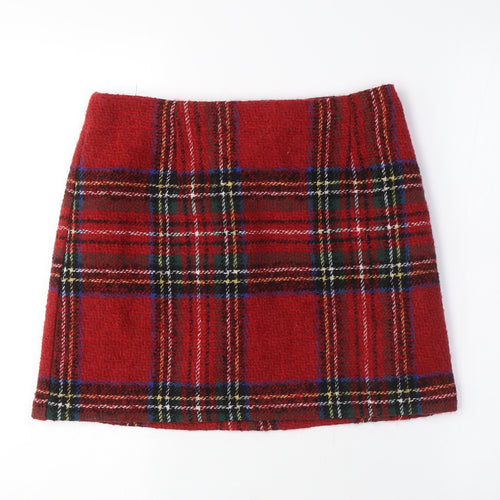 New Look Womens Red Plaid Acrylic A-Line Skirt Size 10 Zip