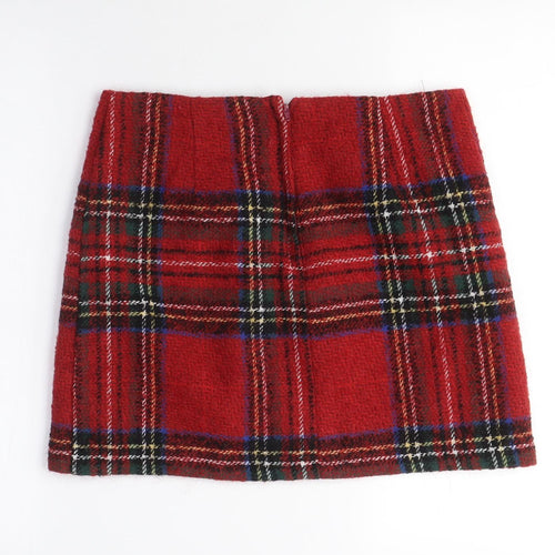 New Look Womens Red Plaid Acrylic A-Line Skirt Size 10 Zip