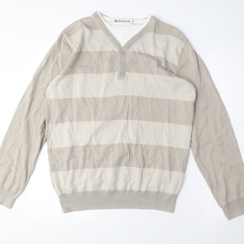 Burton Mens Beige V-Neck Striped Cotton Pullover Jumper Size M Long Sleeve - Double Layer