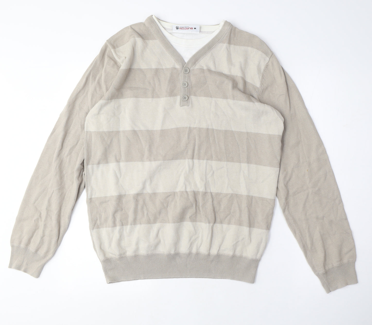 Burton Mens Beige V-Neck Striped Cotton Pullover Jumper Size M Long Sleeve - Double Layer