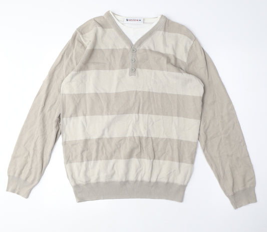 Burton Mens Beige V-Neck Striped Cotton Pullover Jumper Size M Long Sleeve - Double Layer