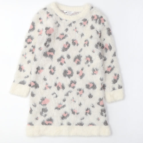 Very Mini Girls White Animal Print Polyamide Jumper Dress Size 3-4 Years Crew Neck - Leopard Print, Fluffy