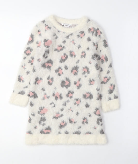 Very Mini Girls White Animal Print Polyamide Jumper Dress Size 3-4 Years Crew Neck - Leopard Print, Fluffy