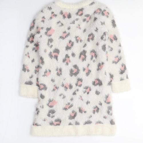 Very Mini Girls White Animal Print Polyamide Jumper Dress Size 3-4 Years Crew Neck - Leopard Print, Fluffy