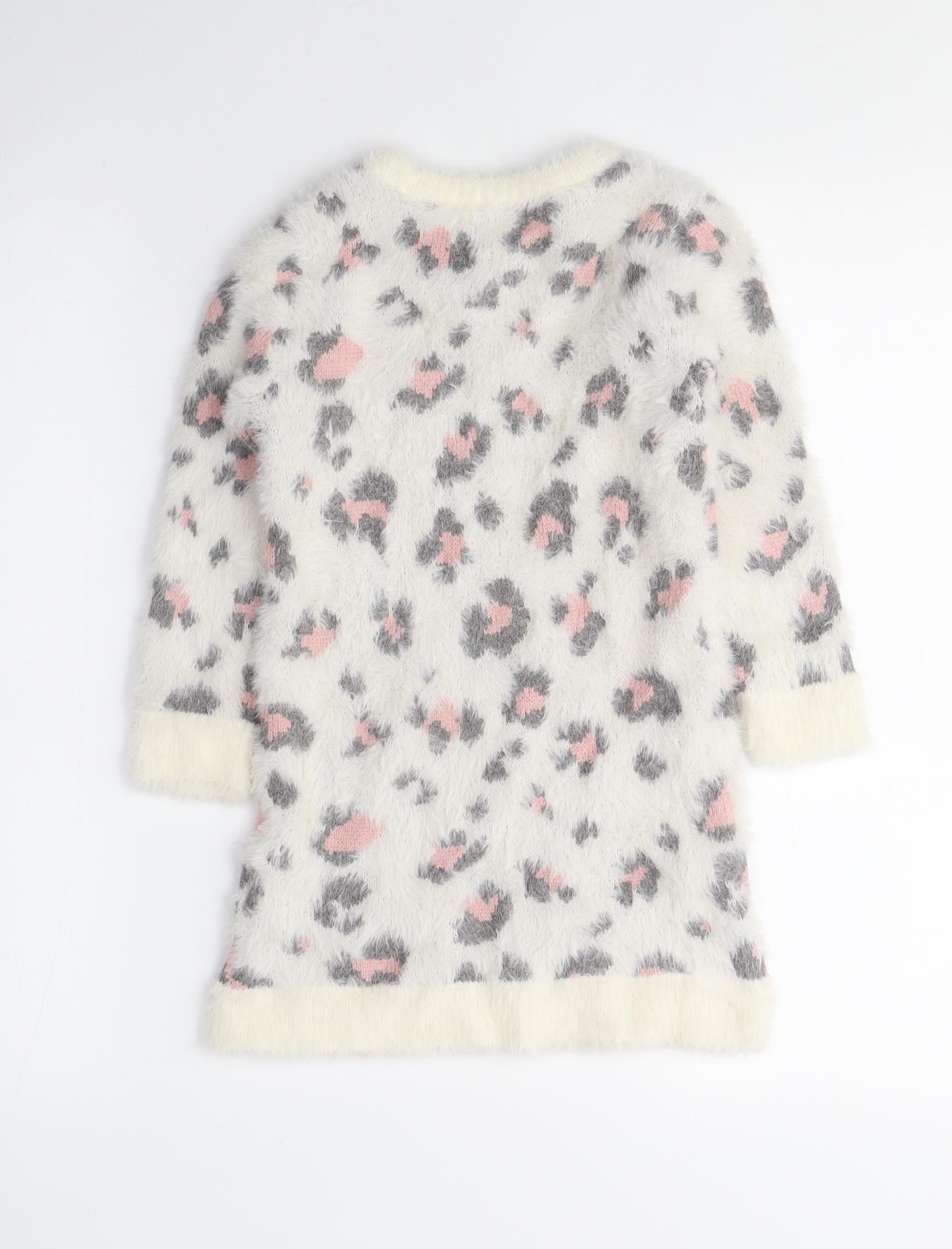 Very Mini Girls White Animal Print Polyamide Jumper Dress Size 3-4 Years Crew Neck - Leopard Print, Fluffy