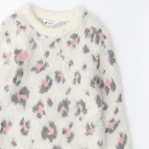 Very Mini Girls White Animal Print Polyamide Jumper Dress Size 3-4 Years Crew Neck - Leopard Print, Fluffy