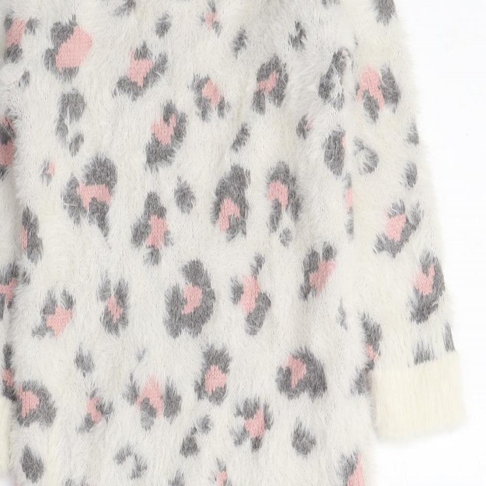 Very Mini Girls White Animal Print Polyamide Jumper Dress Size 3-4 Years Crew Neck - Leopard Print, Fluffy