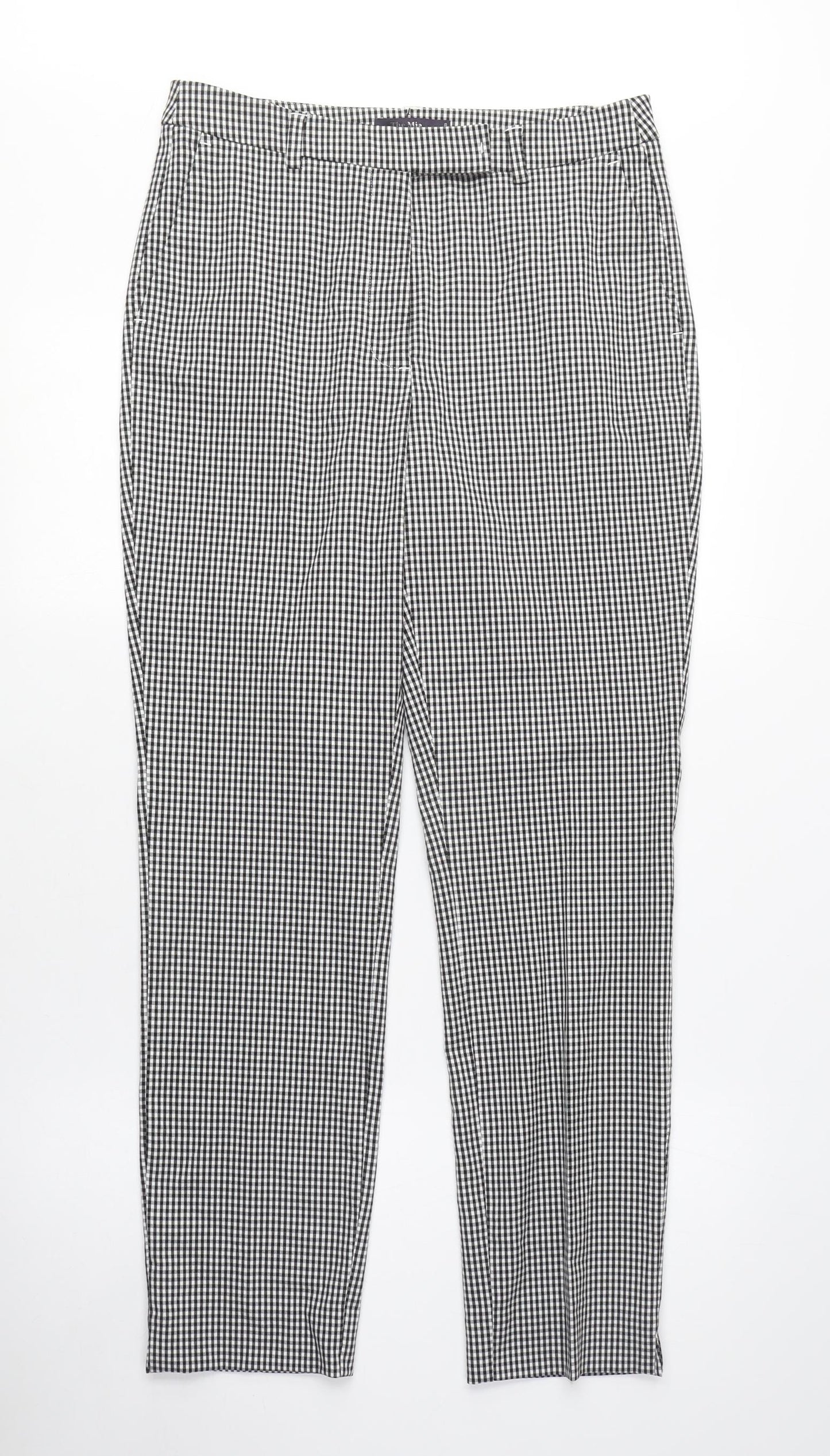 Marks and Spencer Womens Black Check Polyester Trousers Size 8 L28 in Regular Zip