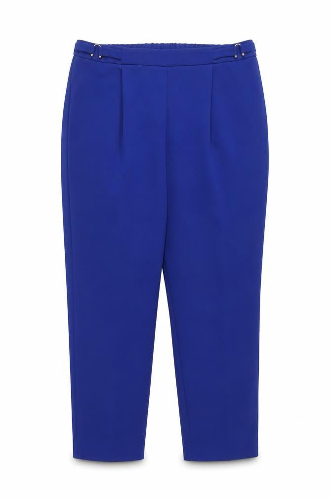 Front view of Edit women’s blue polyester carrot trousers, size UK 20, 29-inch leg regular - elasticated waist