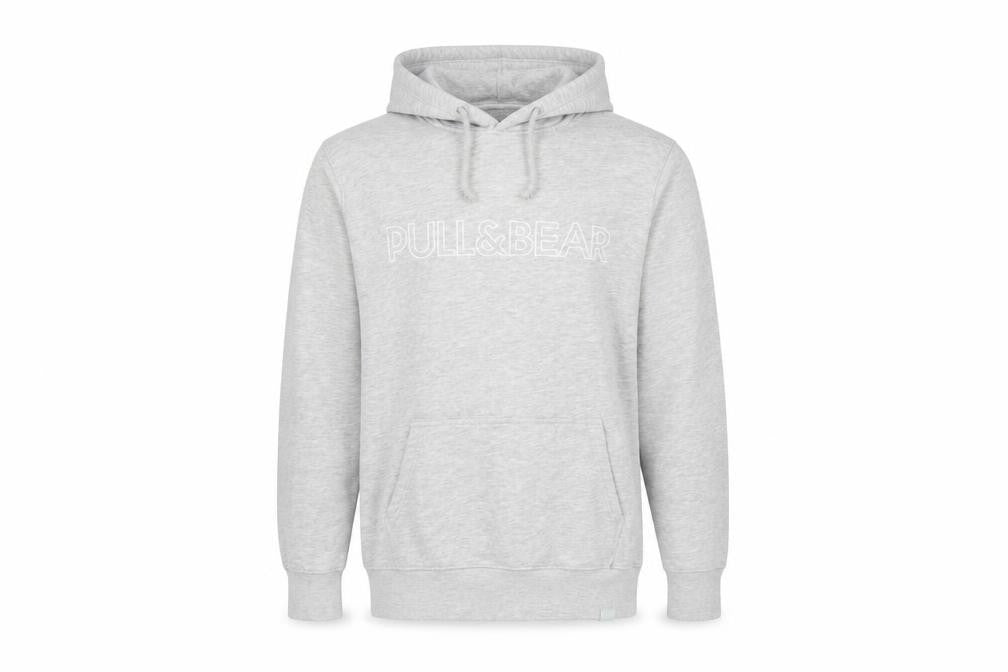 Front view of Pull&Bear men’s grey cotton pullover hoodie, size M