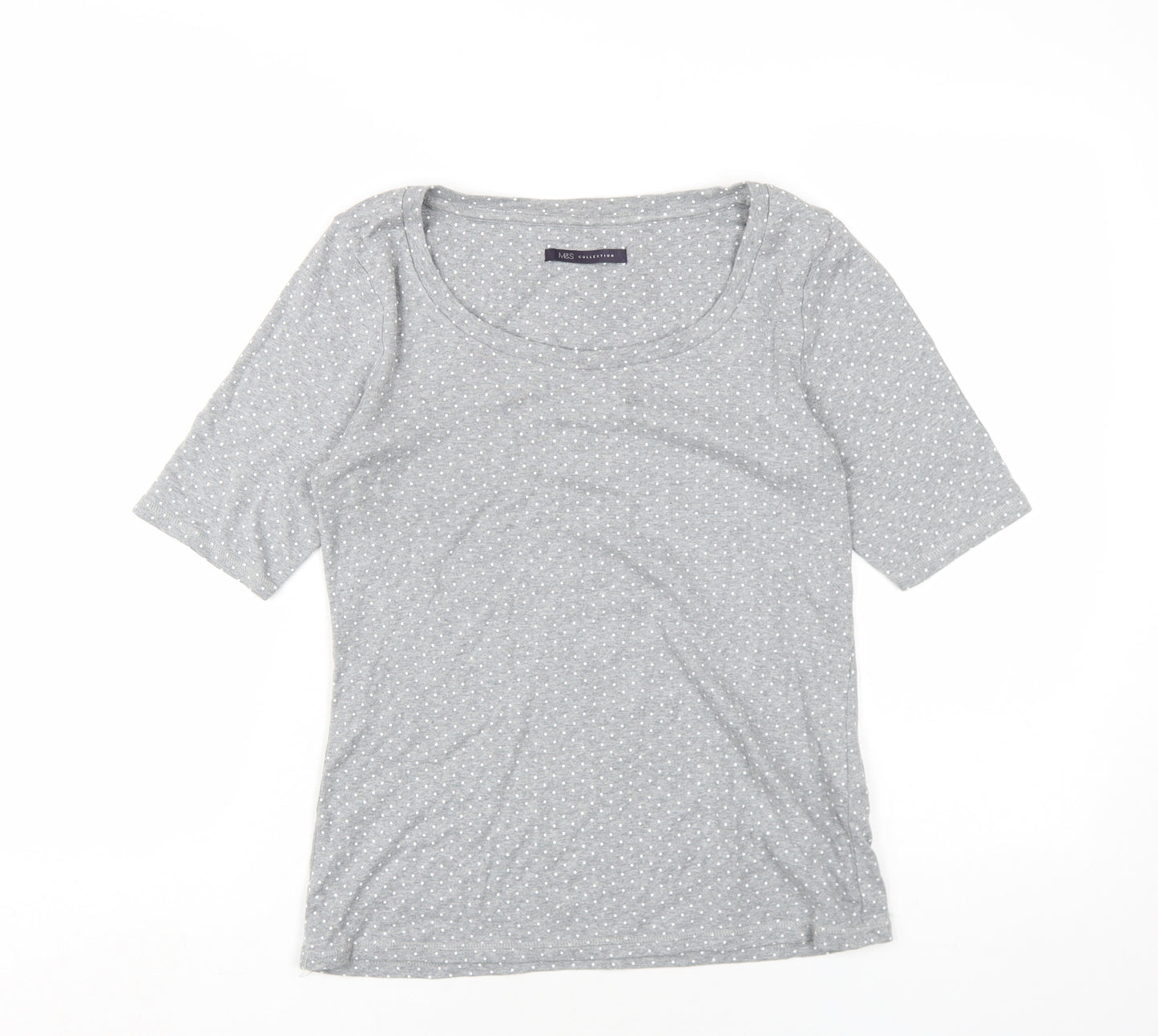 Marks and Spencer Womens Grey Polka Dot Cotton Basic T-Shirt Size 12 Scoop Neck