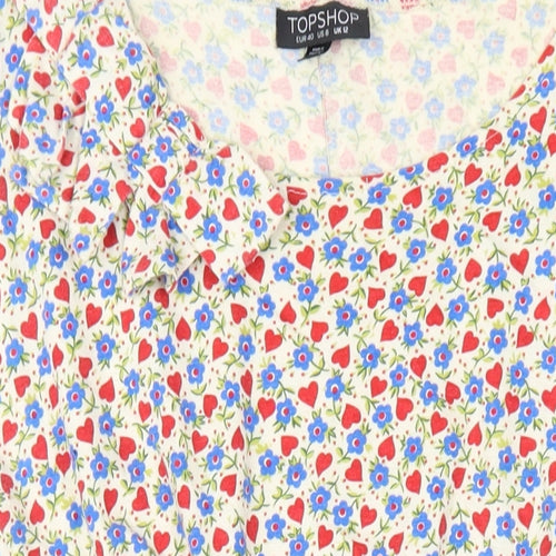 Topshop Womens Multicoloured Floral Cotton Basic T-Shirt Size 12 Scoop Neck