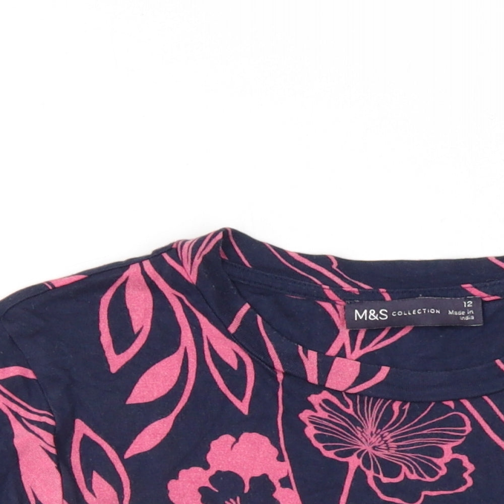 Marks and Spencer Womens Blue Floral Viscose Basic T-Shirt Size 12 Round Neck