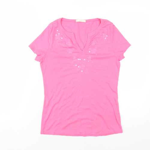 Marks and Spencer Womens Pink Cotton Basic T-Shirt Size 14 V-Neck