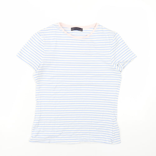 Marks and Spencer Womens Blue Striped Cotton Basic T-Shirt Size 12 Round Neck