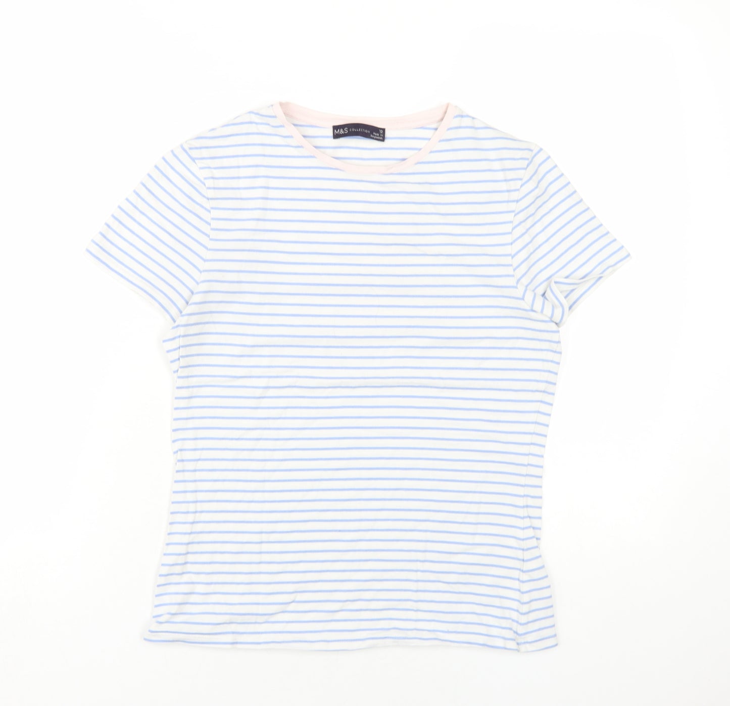 Marks and Spencer Womens Blue Striped Cotton Basic T-Shirt Size 12 Round Neck