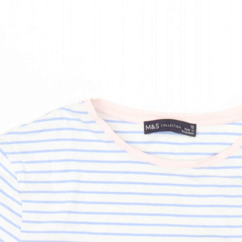 Marks and Spencer Womens Blue Striped Cotton Basic T-Shirt Size 12 Round Neck