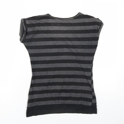 New Look Womens Black Striped Cotton Basic T-Shirt Size 10 V-Neck