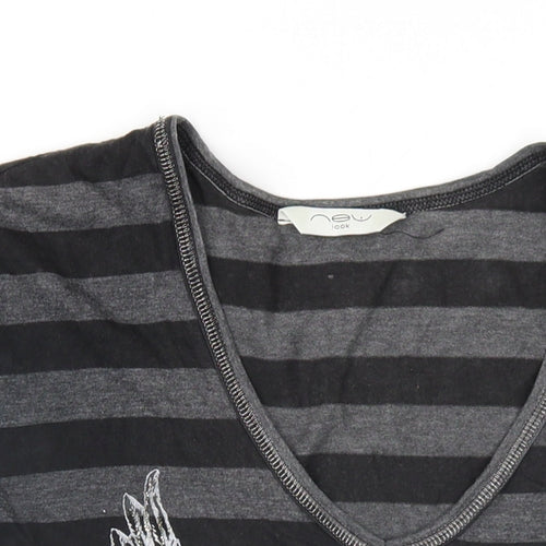 New Look Womens Black Striped Cotton Basic T-Shirt Size 10 V-Neck