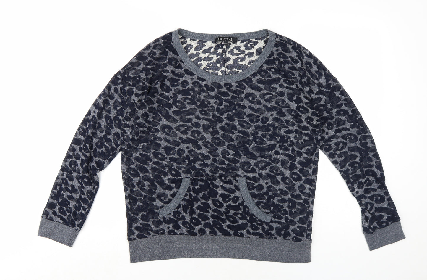 FOREVER 21 Womens Blue Animal Print Cotton Pullover Sweatshirt Size L Pullover - Leopard Print