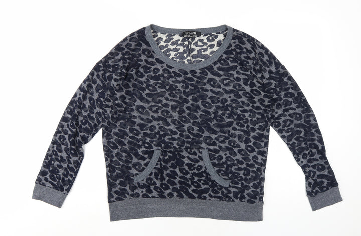 FOREVER 21 Womens Blue Animal Print Cotton Pullover Sweatshirt Size L Pullover - Leopard Print