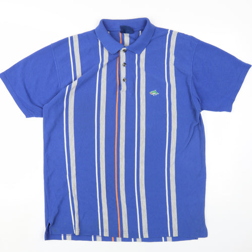 Le Shark Mens Blue Striped Polyester Polo Size L Collared Button