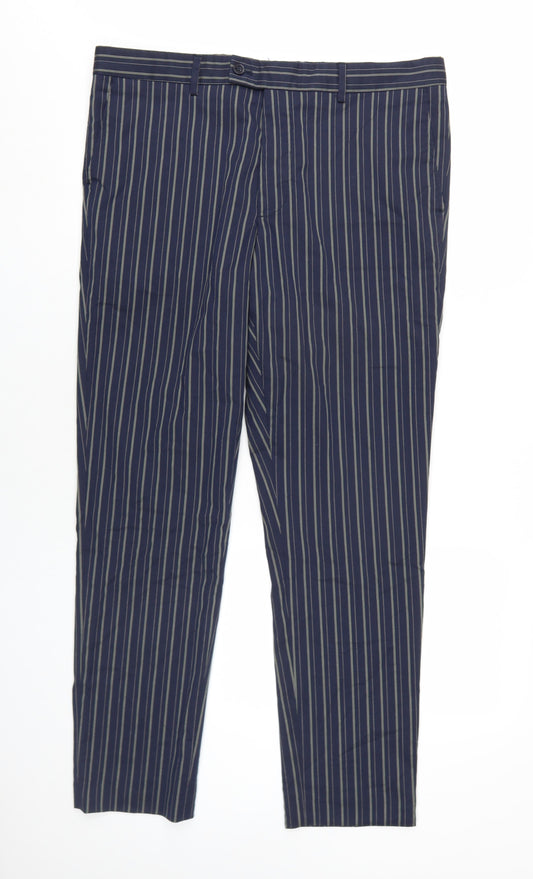 Boohoo Mens Blue Striped Polyester Dress Pants Trousers Size 36 in L32 in Regular Zip