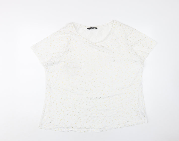 Debenhams Womens White Geometric Cotton Basic T-Shirt Size 24 Round Neck