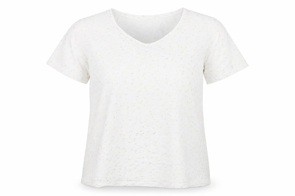 Front view of Debenhams women’s white geometric cotton basic t-shirt, size UK 24, round neck