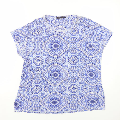 Marks and Spencer Womens Blue Geometric Cotton Basic T-Shirt Size 18 Round Neck