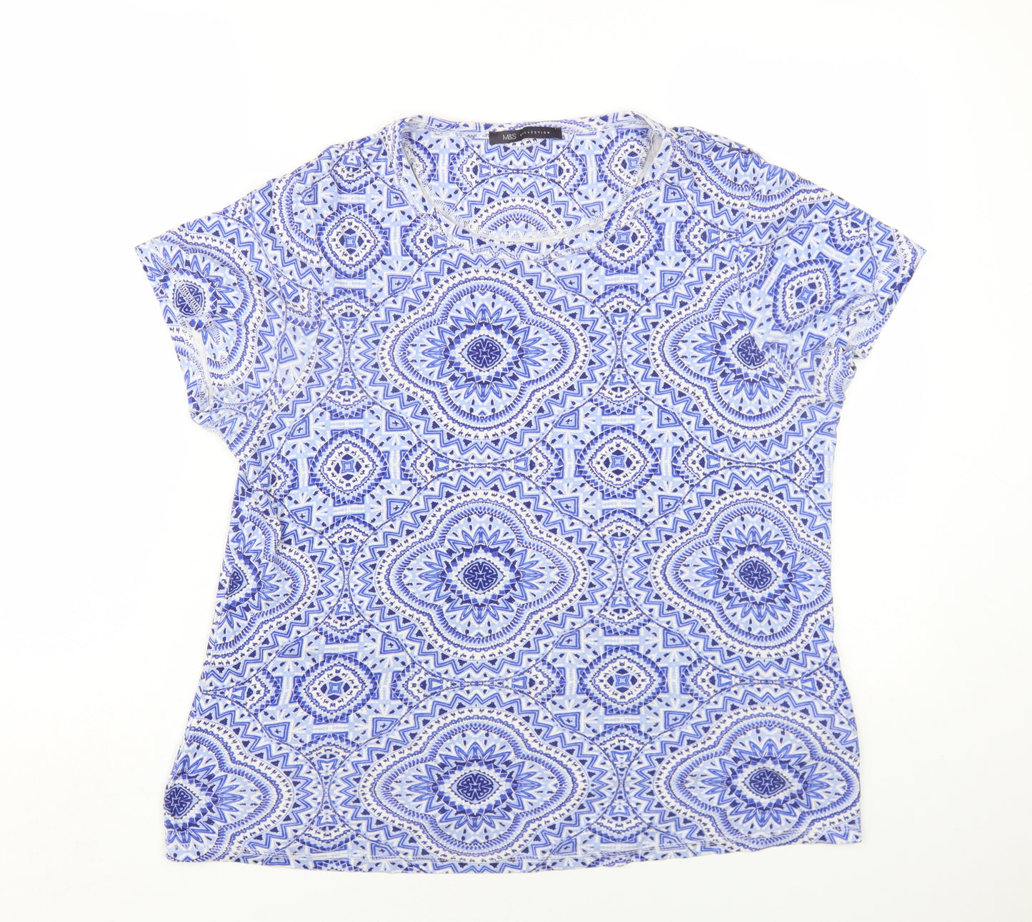 Marks and Spencer Womens Blue Geometric Cotton Basic T-Shirt Size 18 Round Neck