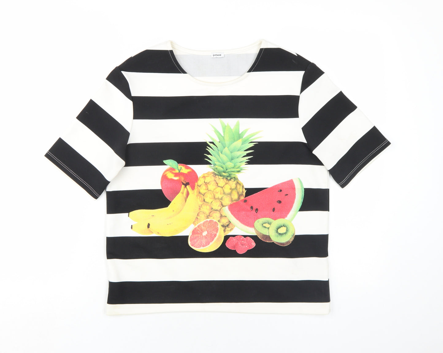 Pimkie Womens Black Striped Polyester Basic T-Shirt Size M Round Neck - Fruit