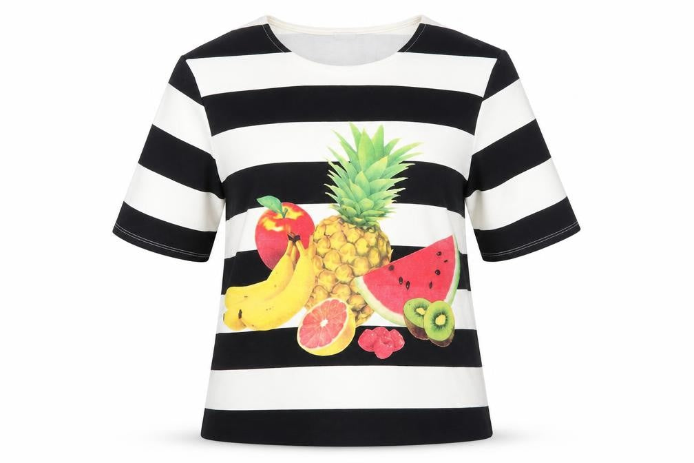 Front view of Pimkie women’s black striped polyester basic t-shirt, size M, round neck - fruit