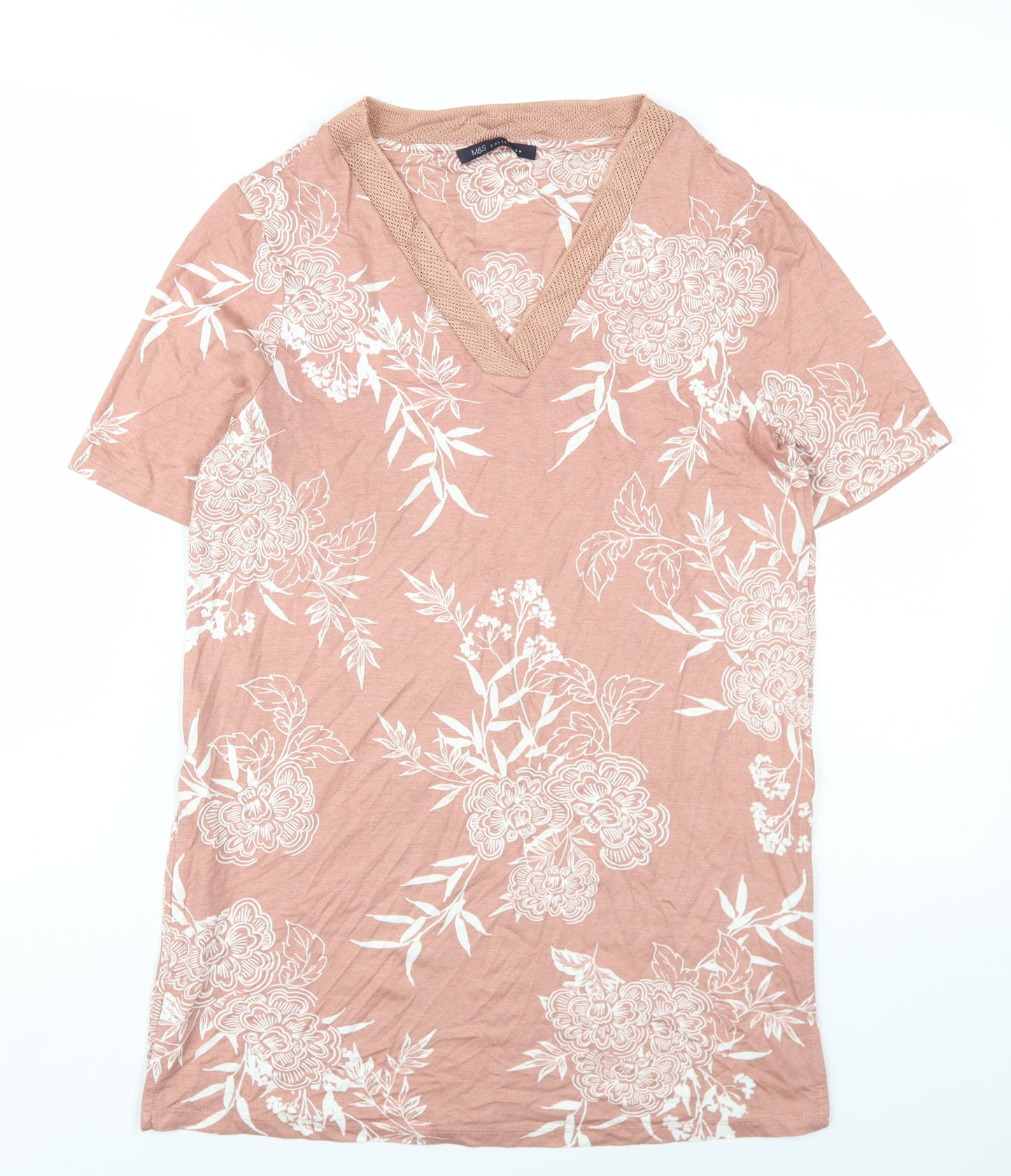 Marks and Spencer Womens Pink Floral Viscose Basic T-Shirt Size 10 V-Neck