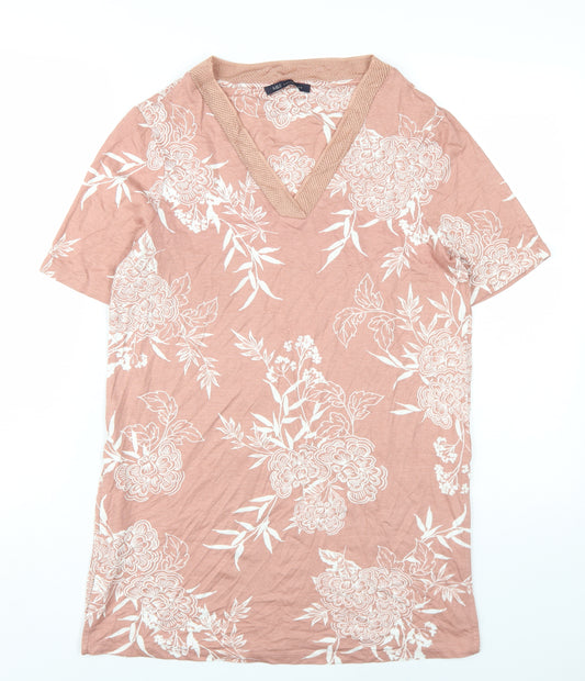 Marks and Spencer Womens Pink Floral Viscose Basic T-Shirt Size 10 V-Neck