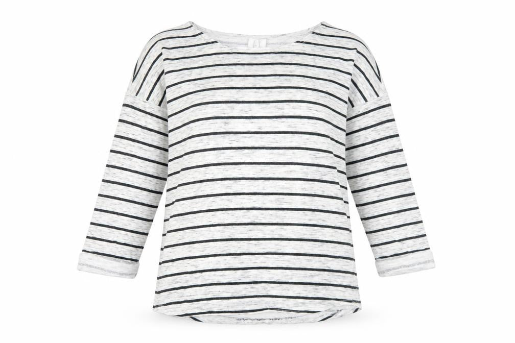 Front view of H&M women’s grey striped viscose basic t-shirt, size S, round neck