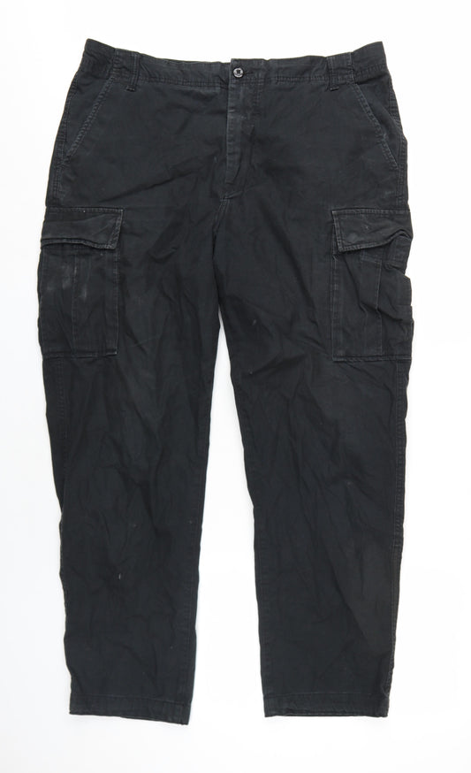 H&M Mens Black Cotton Cargo Trousers Size 36 in L30 in Regular Zip