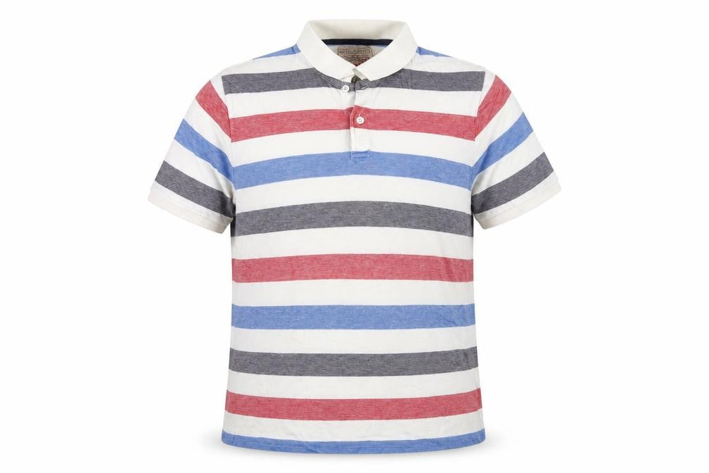 Front view of Sand Stone men’s multicoloured striped cotton polo, size XL, collared button