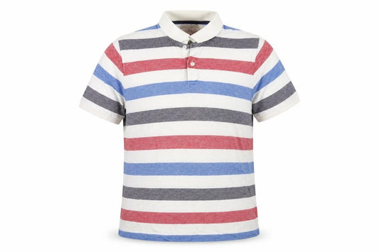 Front view of Sand Stone men’s multicoloured striped cotton polo, size XL, collared button