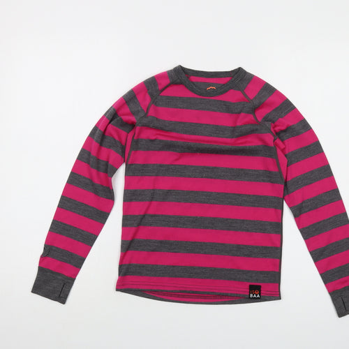 Iso Baa Girls Pink Striped Wool Basic T-Shirt Size 9-10 Years Round Neck Pullover