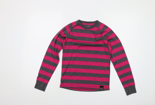 Iso Baa Girls Pink Striped Wool Basic T-Shirt Size 9-10 Years Round Neck Pullover