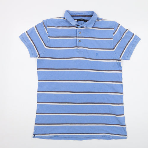 French Connection Mens Blue Striped Cotton Polo Size M Collared Button