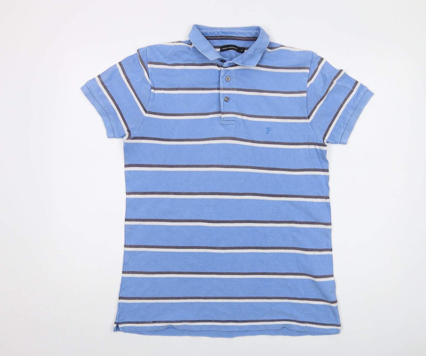 French Connection Mens Blue Striped Cotton Polo Size M Collared Button